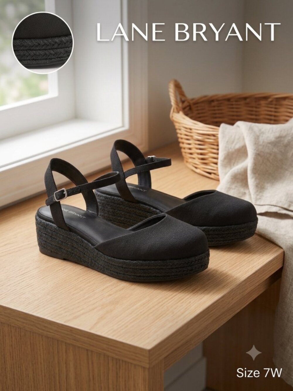 Lane Bryant Black Closed Toe Espadrille Platform Wedge Sandals 7W